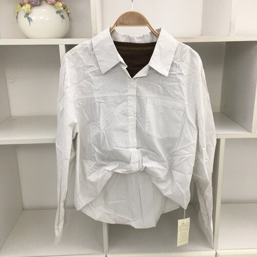 假两件翻领长袖白色条纹衬衫T恤