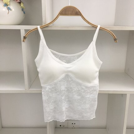 蕾丝拼接V领吊带背心女白色免穿内衣外穿内搭美背打底上衣
