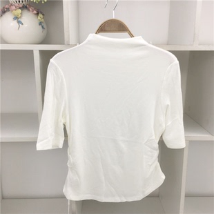 打底衫 T恤女灰色修身 上衣小立领 设计感褶皱高领五分袖 春秋季