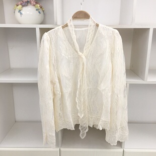 浪漫蕾丝风V领系带长袖蕾丝衫衬衣衬衫女白色百搭叠穿上衣
