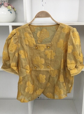 方领泡泡袖衬衫女夏季宽松显瘦黄色花朵印花百搭上衣