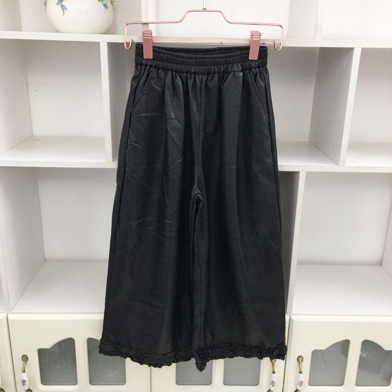 黑色松紧腰皮裤直筒裤阔腿裤女
