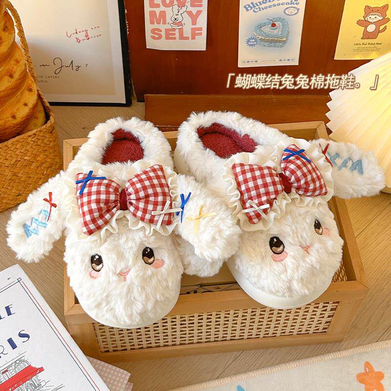 新疆包邮蝴蝶结兔子棉拖鞋女款2025新款棉鞋冬季家居室内加厚毛绒
