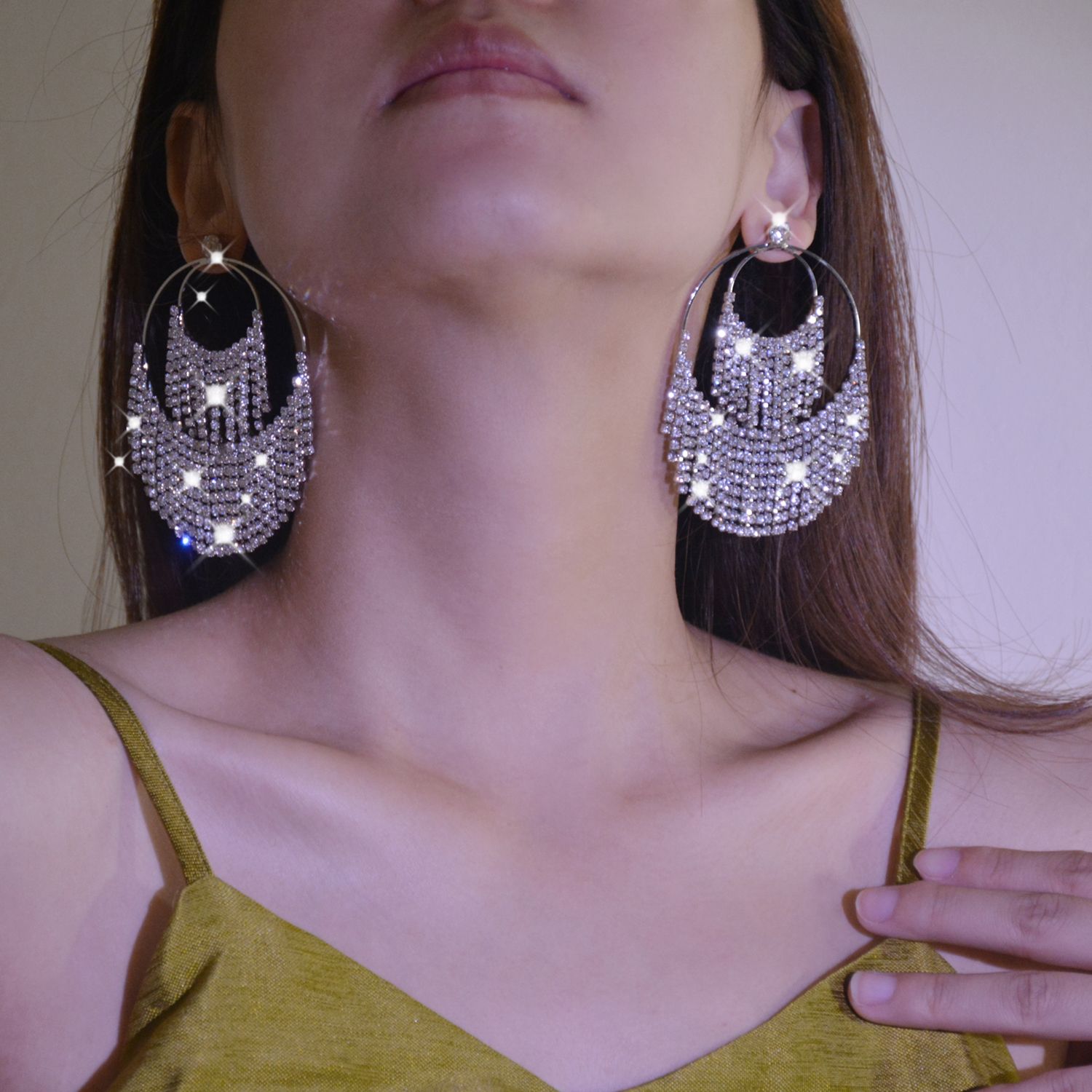 法式复古气质高端earrings时尚彩钻合金镶钻水滴形长款耳环女欧美