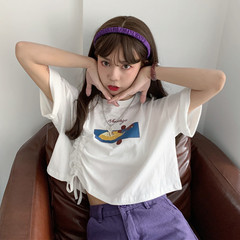 Real price show thin, versatile print short sleeve loose drawstring cute T-shirt
