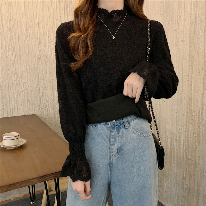 Real price autumn and winter new lace bottoming shirt foreign style half high collar Plush long sleeve women