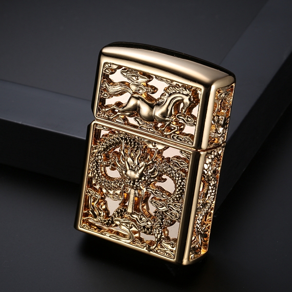 正版CHIEF首领煤油打火机 纯铜镀金重盔甲防风镂空龙马精神珍藏版