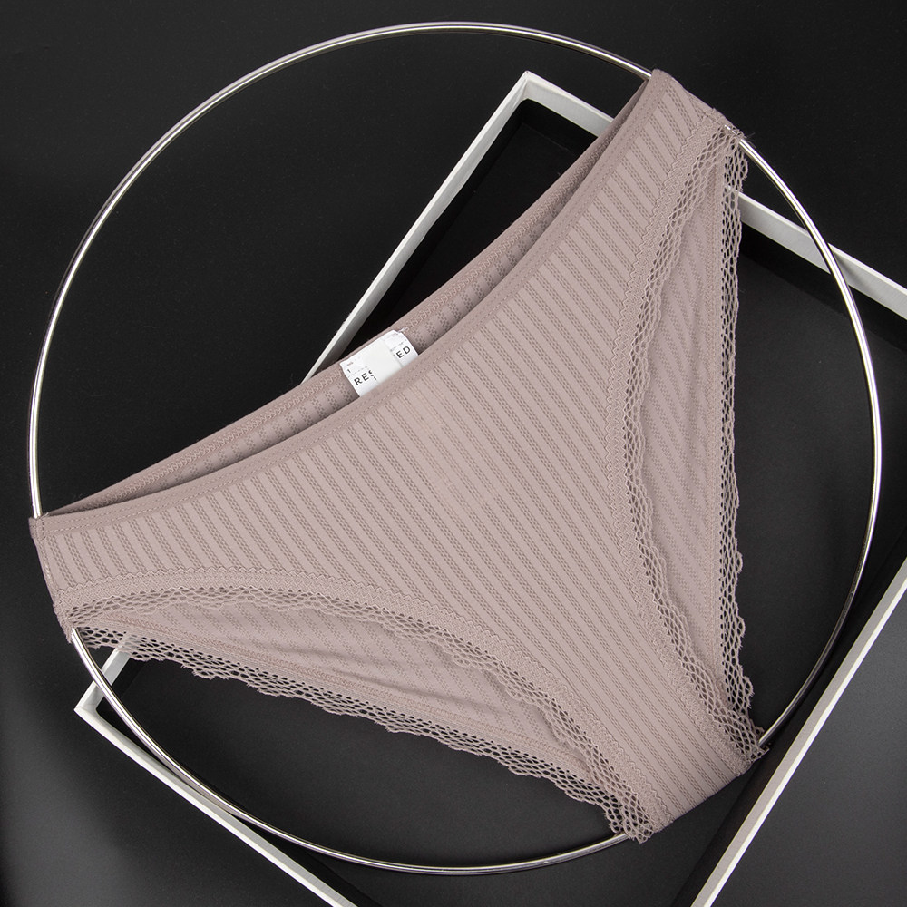 玫瑰棕女士蕾丝边性感条纹纹理三角裤舒适透气柔软包臀内裤