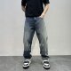JIDERE复古蓝不规则水洗微宽直筒牛仔裤 长裤 男裤 型超好百搭时髦款