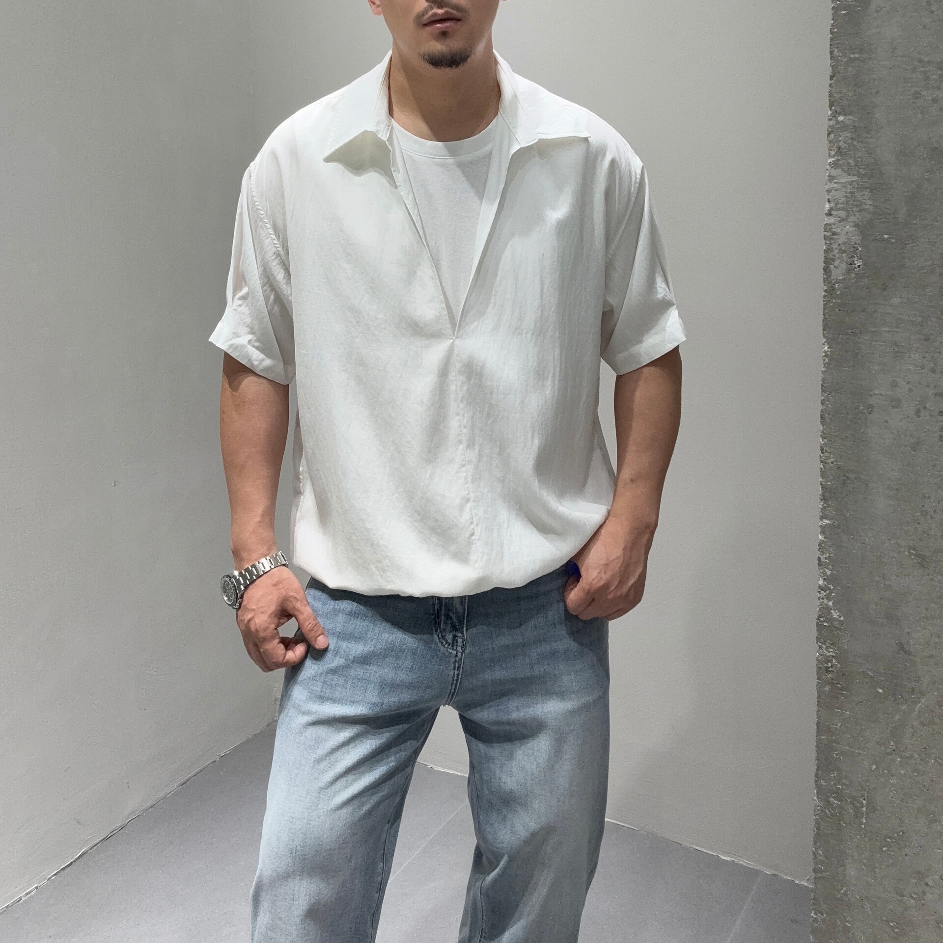 天丝凉感古巴领假两件短袖衬衫男 夏薄款极简通勤老钱风T恤式衬衣