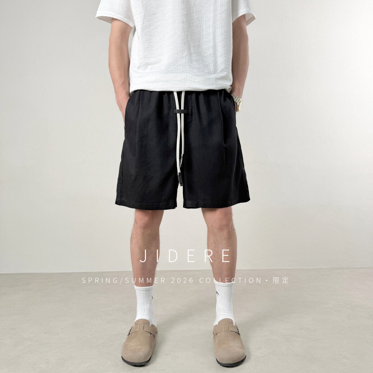 【莱赛尔亚麻】松弛慵懒老钱风五分短裤男夏薄款宽松抽绳休闲中裤