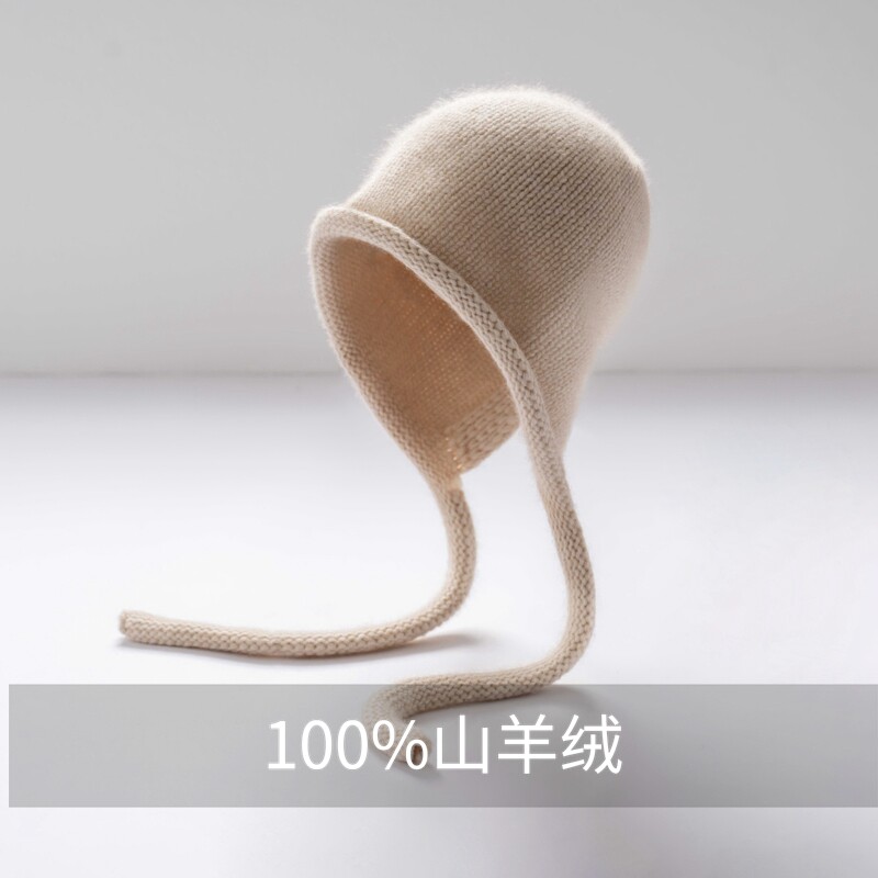 显脸小卷边针织保暖护耳小辫帽