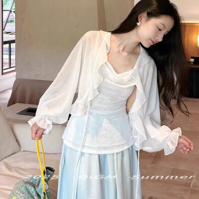 DIGM法式时尚纯色荷叶边防晒衫