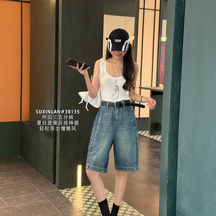 港风潮流宽松牛仔短裤 素心兰YOUMO夏季 高腰五分裤 韩版 女38135 新款