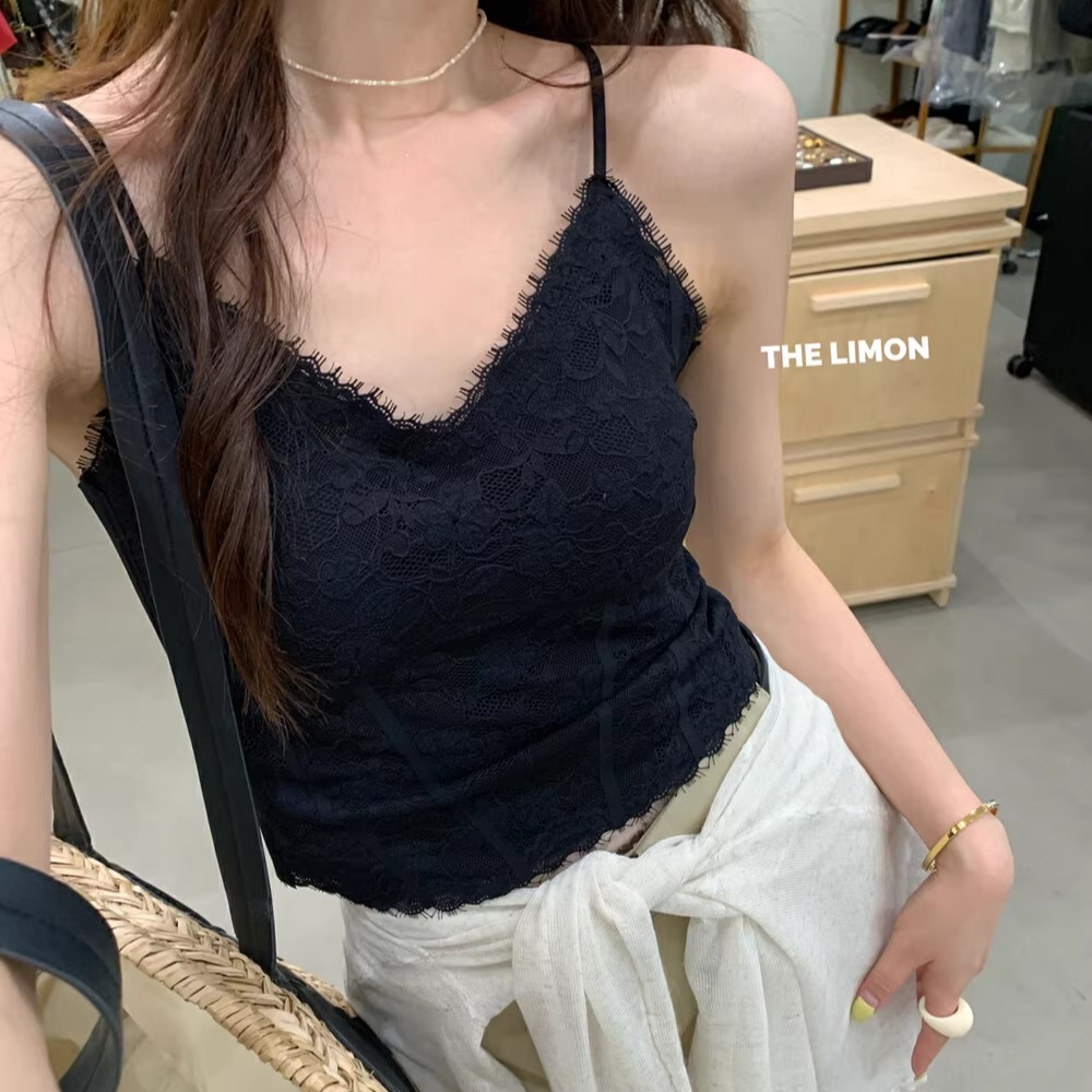 THE LIMON夏季2025韩版新款蕾丝刺绣带胸垫内搭外穿吊带美背背心