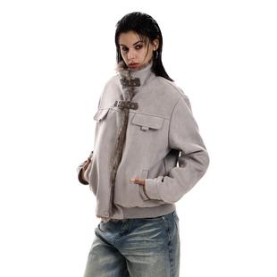 0123start 麂皮加绒立领座山雕夹克外套女美式覆古机车服棉衣冬季