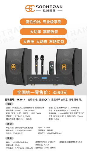 松川国际SK10-3家庭KTV音响大功率重低音演出音箱室内会议家用K歌
