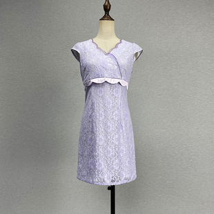品牌折扣紫罗兰蕾丝短袖 连衣裙女2023夏高腰显瘦V领包臀a字裙中裙