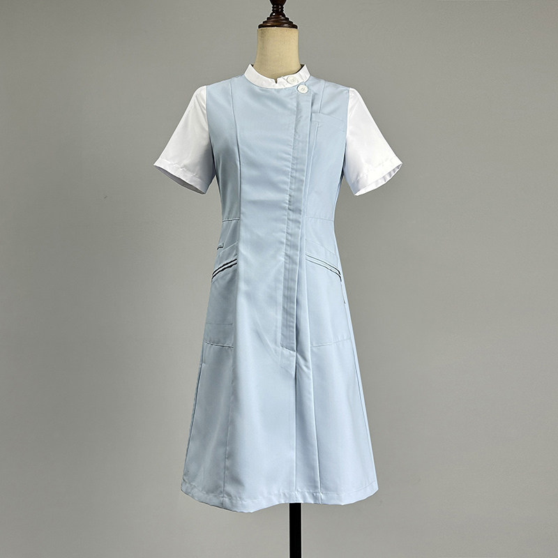 中长款浅蓝色连衣裙2026职业装修身立领拉链a字裙护士裙医美制服