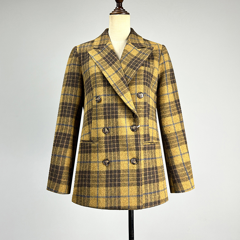 黄色格子双排扣西装领羊毛呢外套