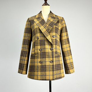 品牌黄色格子羊毛呢外套女2025秋冬修身 领加厚上衣 显瘦双排扣西装