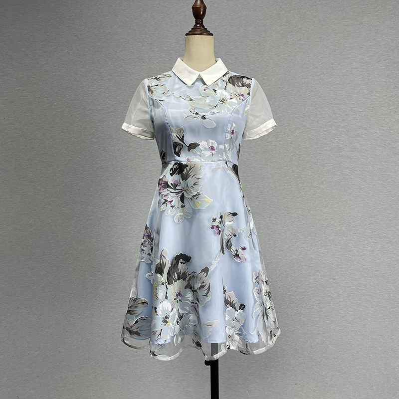 品牌折扣碎花网纱连衣裙女2024修身性感小个子粉红色a字裙中裙子