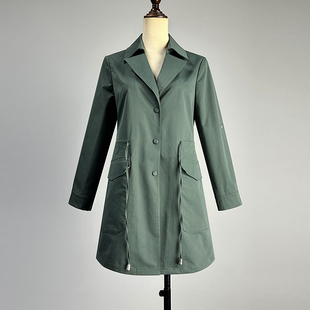 品牌军绿色长袖 领单排扣外套 风衣女2025欧美风松紧腰防风防水西装