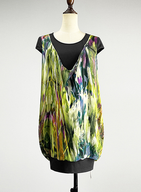 品牌假两件绿色真丝短袖连衣裙女2025弹力修身性感包臀花色直筒裙