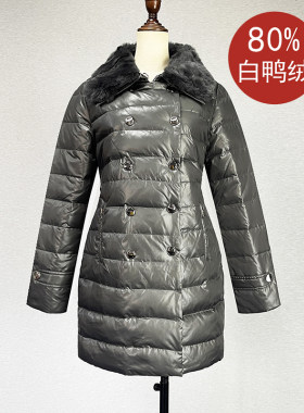 欧美风中长款POLO领白鸭绒羽绒服