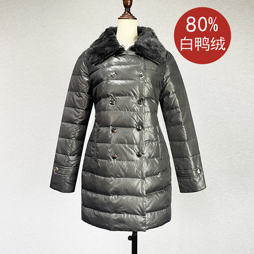 欧美风中长款POLO领白鸭绒羽绒服