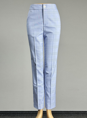 品牌浅蓝色格子西装裤直筒裤女2025职业装中腰修身正装裤西裤长裤