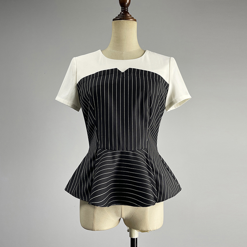 职业装假两件黑白条纹衬衫黑衬衣