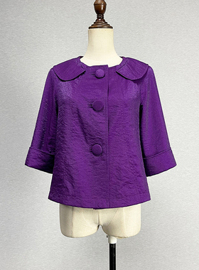 外贸原单紫色七分袖短外套女小香风单排扣插肩袖光泽气质百搭上衣