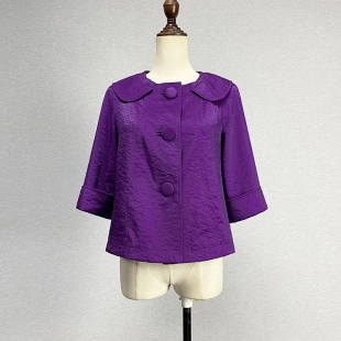 外贸原单紫色七分袖 光泽气质百搭上衣 短外套女小香风单排扣插肩袖