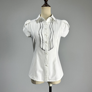 收腰单排扣POLO领花苞袖 白色短袖 弹力修身 女2025职业装 白衬衣 衬衫