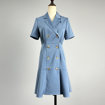 职业装蓝色双排扣西装领连衣裙