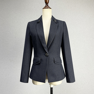 单排一粒扣商务休闲外套 显瘦职业装 藏青色条纹西装 西服女2025修身