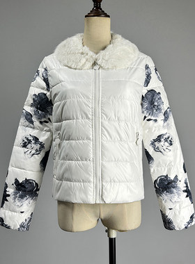 白色碎花棉衣棉服保暖拉链外套