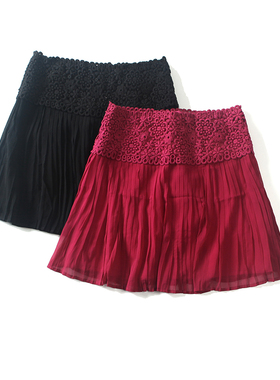 姐姐优品  专柜正品库存清仓蕾丝配真丝半身裙百褶裙女F10-25331