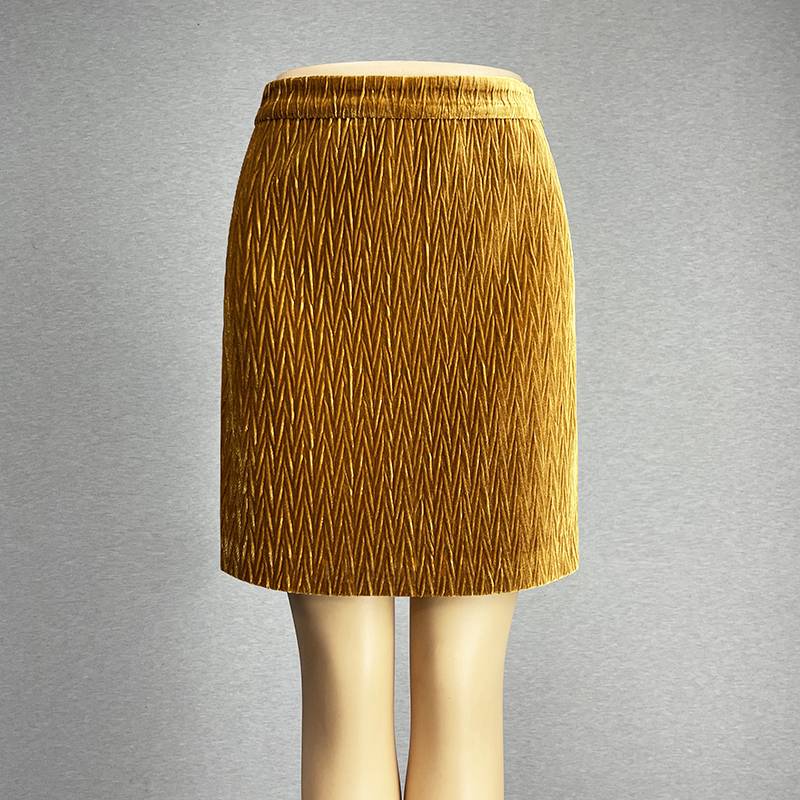 黄色短裙半身光泽丝绒包臀直筒裙