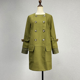 品牌折扣中长款 圆领外套 军绿色风衣女2024欧美风春秋双排扣插肩袖
