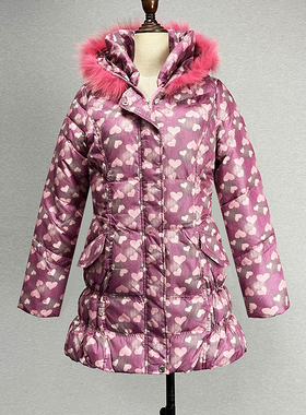 粉红色连帽羽绒服女2024冬加厚保暖心形印花松紧包臀灰色拉链外套