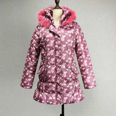 甜美涤纶中长款连帽粉红色羽绒服
