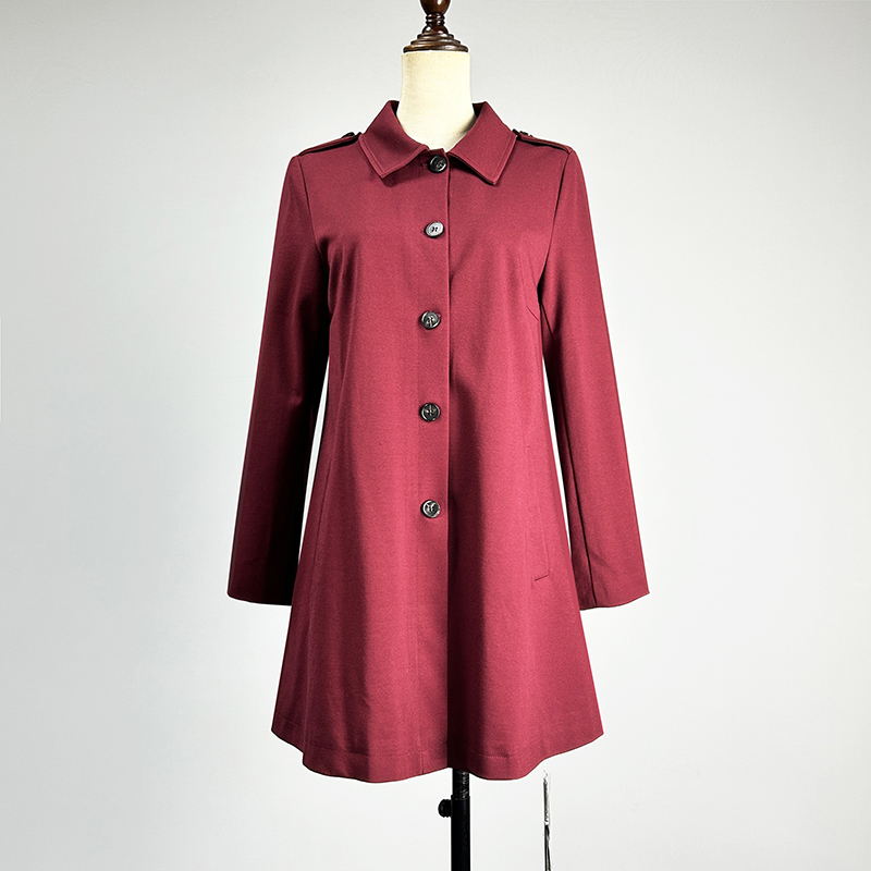 中长款酒红色单排扣长袖风衣外套