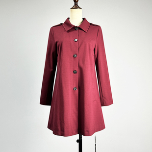 显瘦A字版 风衣女2025修身 型单排扣简约外套 酒红色长袖 品牌中长款
