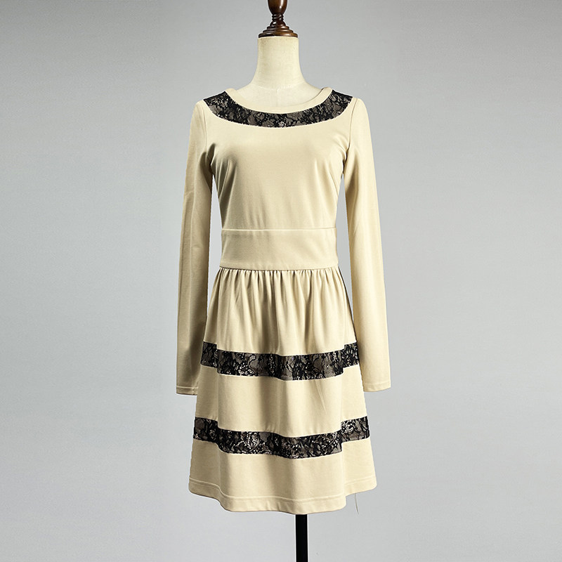 品牌中长款杏色长袖连衣裙女2025小香风弹力修身性感a字裙大摆裙