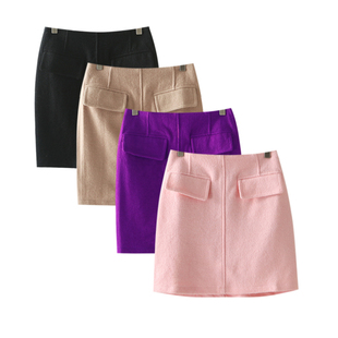 姐姐优品 秋冬款毛呢小短裙百搭小A字裙假口袋装饰韩版半身裙