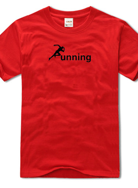 runing原创运动休闲跑步大码汗衫纯棉圆领短袖男女红色T恤宽松夏