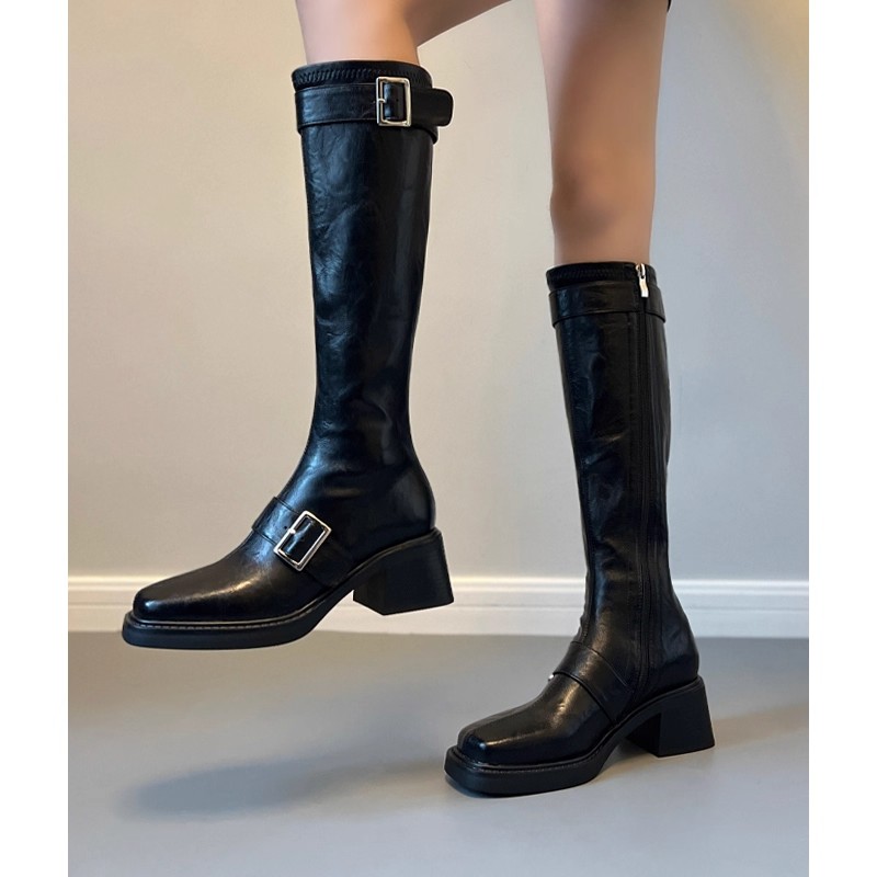 皮带扣长筒靴细腿小筒围长靴女2025冬季新款骑士靴粗跟不过膝靴子