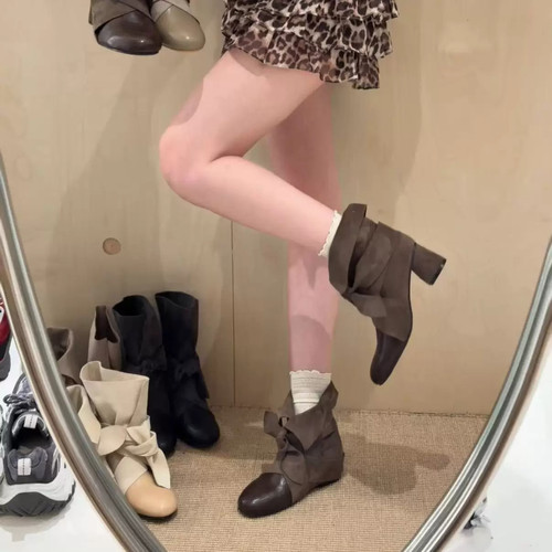 韩版蝴蝶结低跟短靴女秋冬棕色